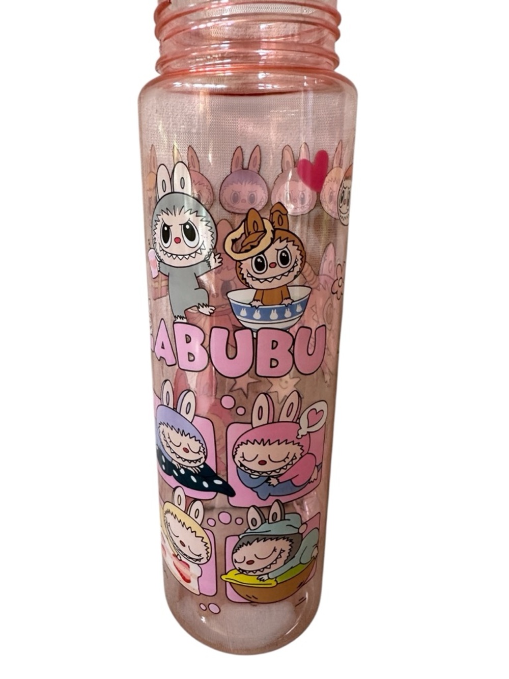 New Labubu Clear Pink Plastic 8” Water Bottle w/ Separate Straw/Strap 28oz 820ml - Picture 5 of 6